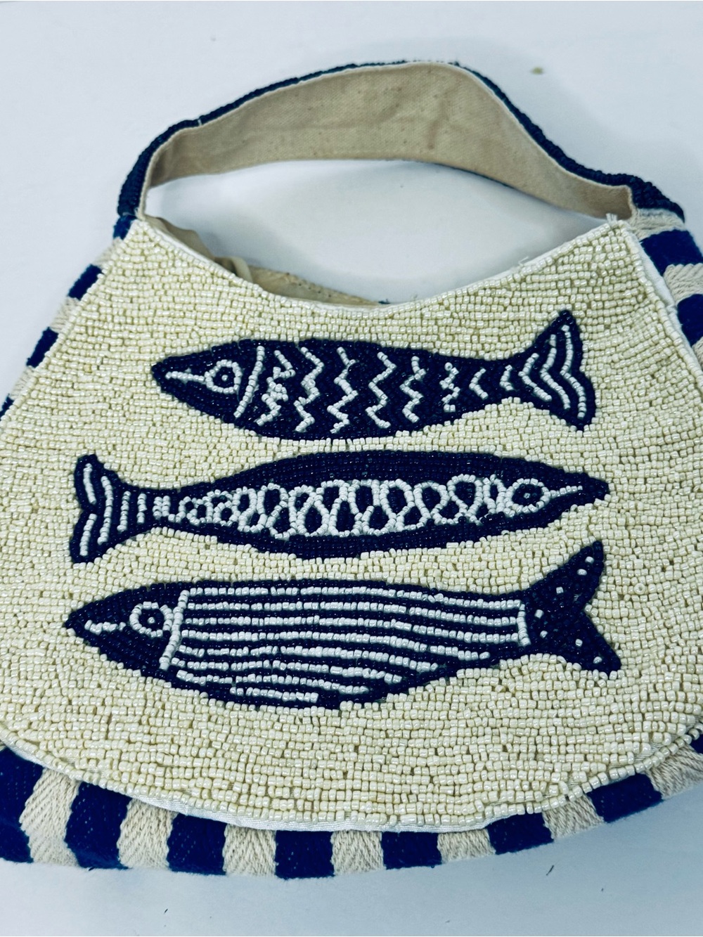 Source Unknown Cream and Navy Beaded Fish Wristlet